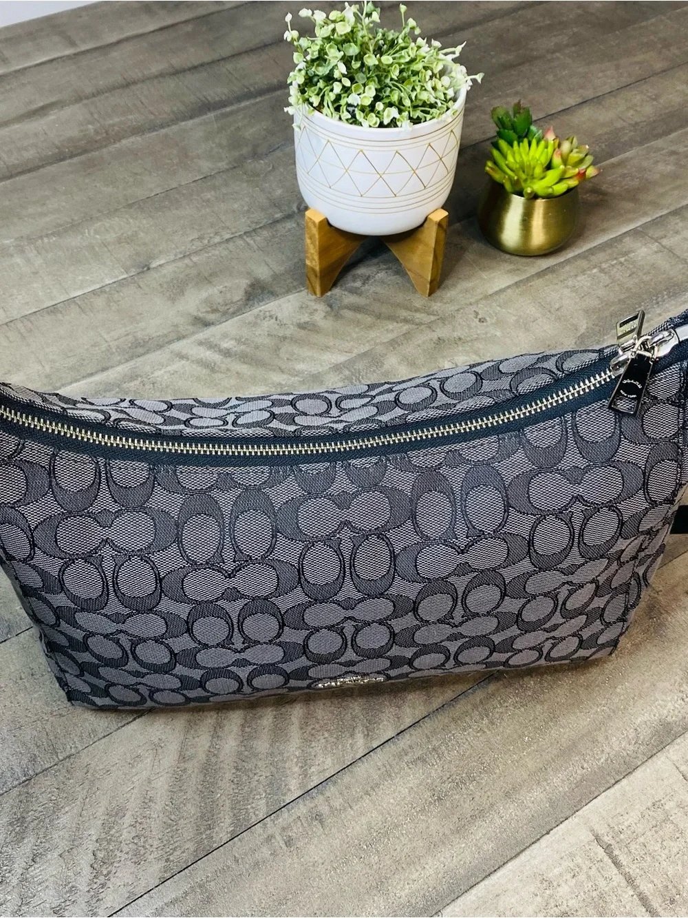 COACH F58284 East/West Celeste Hobo Signature Canvas Bag Black Smoke/Black